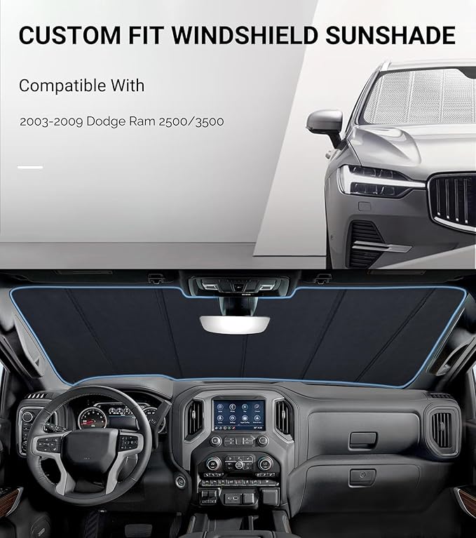 Windshield Sun Shade for Ram 2500/3500 2002-2009. Full Coverage Rearview Mirror Shade for Ultimate Protection