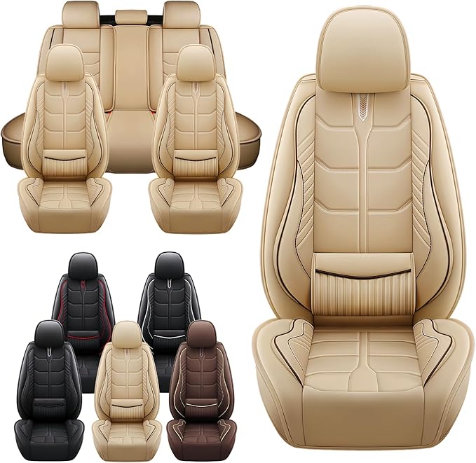 Leather Car Seat Covers Fit for Toyota Tacoma 2005-2024, 5 Seater Car Seat Cover, Premium Waterproof, Scratch Resistant Car Interior Accessories (Full Set Beige)