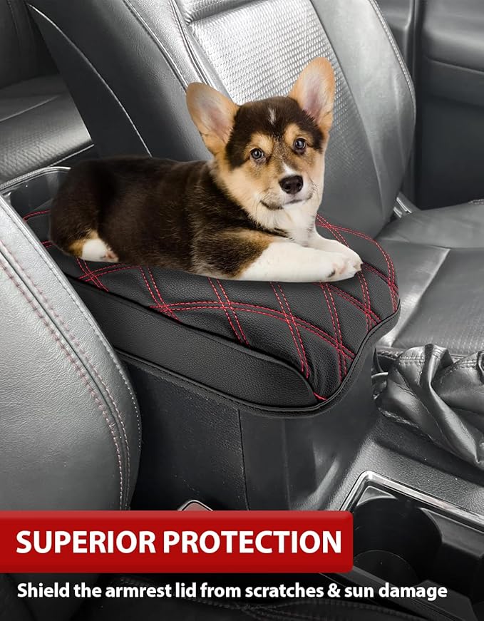 KBH Center Console Armrest Cover for Toyota Tacoma 2016-2023, Interior Accessories, Middle Console Lid Cushion, Arm Rest Cover Protector, Vinyl Leather, Black-Red Stitches