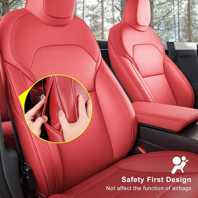 Front Seat Covers for 2025–2026 Tesla Model Y Juniper, Nappa Leather Custom Fit Front Row 2-Piece Set, Airbag Compatible Cushion Covers, Wine Red, 2-Pack