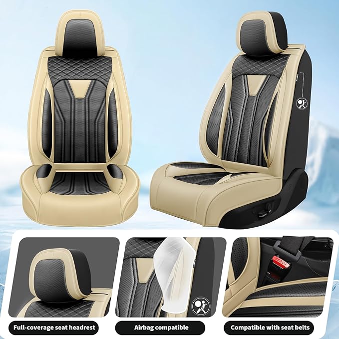Fit Sonata Car Seat Covers Premium Leather for Hyundai Sonata 2007-2025 2026. Waterproof， Breathable, Scratch-Resistant & All-Weather Seat Cushion Protector（Full Set,Beige&Black