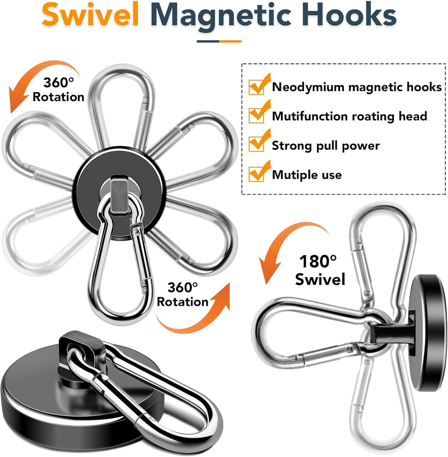 MIKEDE 6 Pack Strong Magnetic Hooks, 70LBS Pull Force Neodymium Magnetic Hooks Cruise Ship with Swivel Carabiner Hooks, Black Heavy Duty Magnets Hooks with Rings for Hanging, Grill, Refrigerator