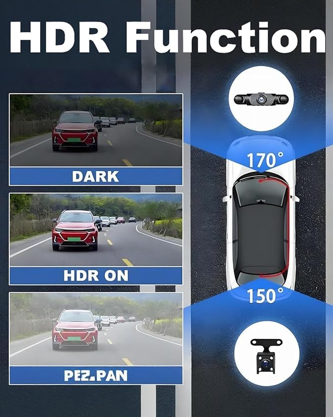 Car Dash Cam Front Rear 360 Full View 4K Dual Security 24HR Rechargeable 4 Channel Mirror Rearview Interior Auto Video On-Dash Mounted Driving Recorder Truck Electronics Accessory(64G)