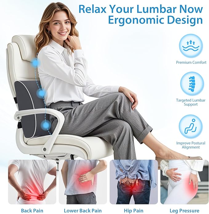 Lumbar Support Pillow for Office Chair, Car Seats and Home Desks, Ergonomic Back Support with Double Adjustable Straps, Machine Washable Cover, Grey