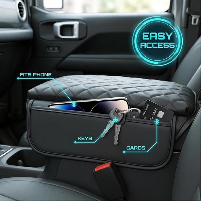 Center Console Cover with Pocket for Jeep Wrangler JL 2018-2025 Armrest Cover Leather Arm Rest Pad with Pockets Middle Console Lid for Wrangler JL JLU&Gladiator JT2018-2025 Accessories（Black）