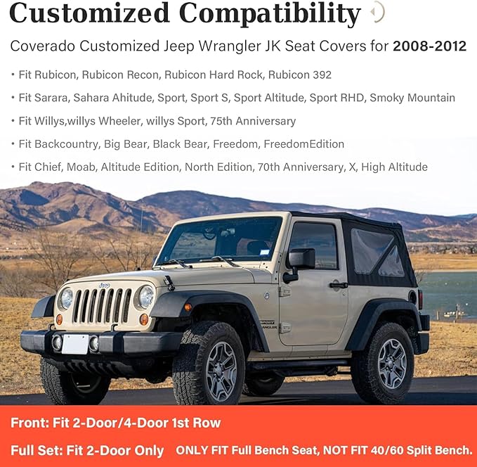Coverado Wrangler JK Seat Covers, Custom Fit for Pickup Truck Jeep Wrangler Seat Covers 2/4 Door, Waterproof Leather Car Seat Covers Cushions for Jeep Wrangler Accessories 2008-2012(Red Line)