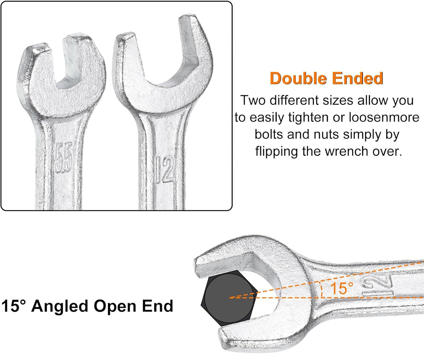HARFINGTON 5pcs Double Open End Wrench 10mm x 15mm Metric 15 Degree Offset Angle Small Flat Head Wrench Galvanizing Open Ended Spanner for Automotive Repair Furniture Assembly