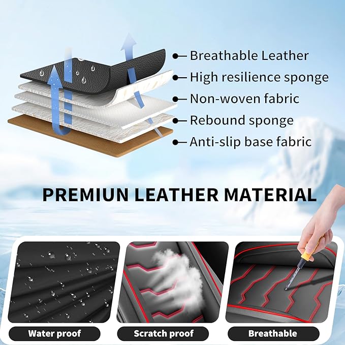 Fit Leaf Car Seat Covers Compatible with Nissan Leaf 2012-2025 2026 - Premium Leather，Waterproof Breathable，All-Weather Seat Cushion Protecto&Airbag Compatible (2 Front Seat Red Line Black)