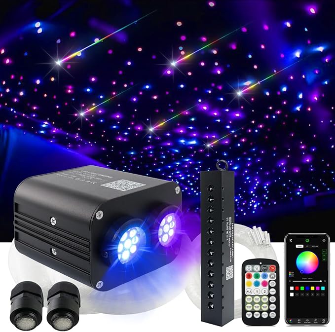 AMKI Dual Color 20W Twinkle Starlight Headliner Kit 1300pcs*0.03in 13.1ft Cables+ RGB Meteor Shooting Star Fiber Optic Light Sound Activated APP/Remote Control for Car Roof Home Ceiling