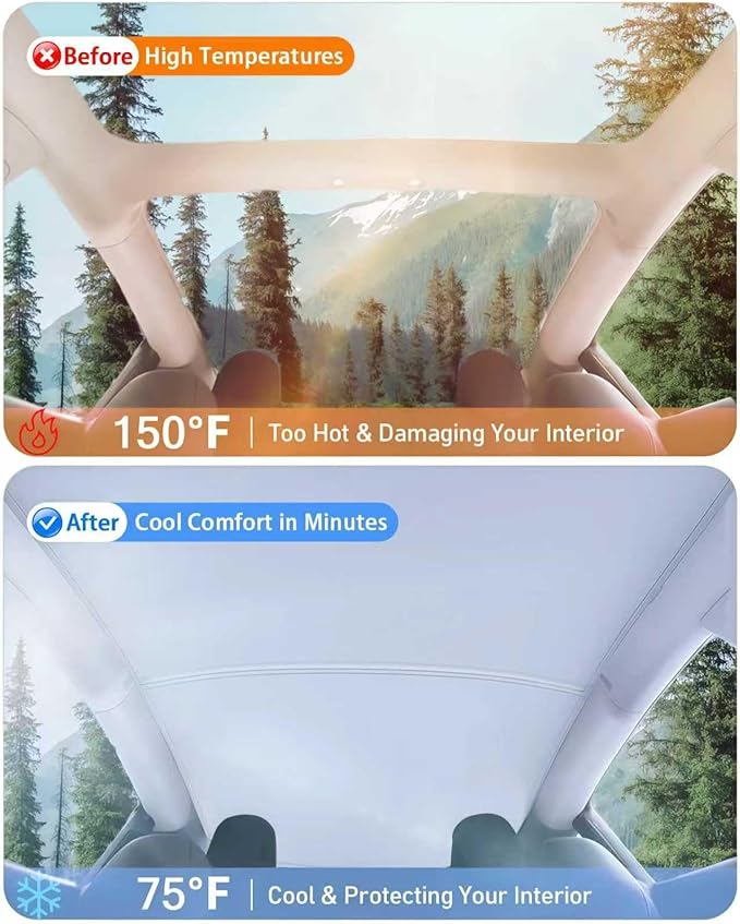 2026 Upgraded Tesla Model Y Sunshade Roof, UPF200+ Roof Sunshade with Storage Bag, No-Sag & No-Gaps Heat Insulation Foldable Glass Roof Sun Shade, Tesla Model Y Accessories MY20-24 Black