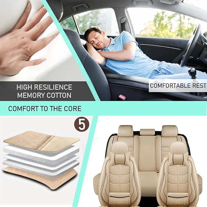 Leather Car Seat Covers Fit for Toyota Echo 2000-2005, 5 Seater Car Seat Cover, Premium Waterproof, Scratch Resistant Car Interior Accessories (Full Set with Pillow Beige)