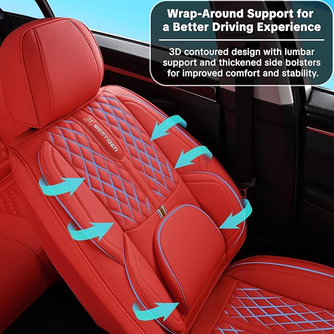 Car Seat Cover Set, Red Seat Covers, Automotive Interior Accessories, with Lumbar Support, Premium Nappa Leather, Waterproof, Protects and Upgrades Your Car Interior, Fits Most Vehicles
