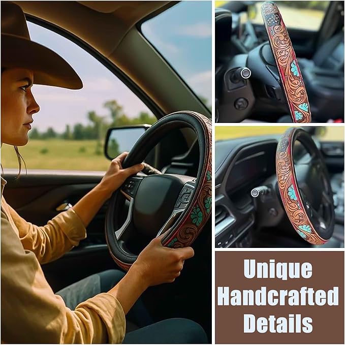 Retro Western Cowboy Car Universal Steering Wheel Cover, Embossed Handcrafted Tooled Leather Western,Anti Slip, Auto Interiors Accessories,Breathable for Trucks SUVs Cars (C)