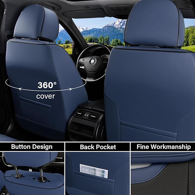 Coverado Front Seat Covers, Breathable Nappa Leather Car Seat Cover, Universal Seat Covers for Cars, Waterproof Car Seat Protector, Driver Seat Cover Fit for Most Cars(Blue&Black)