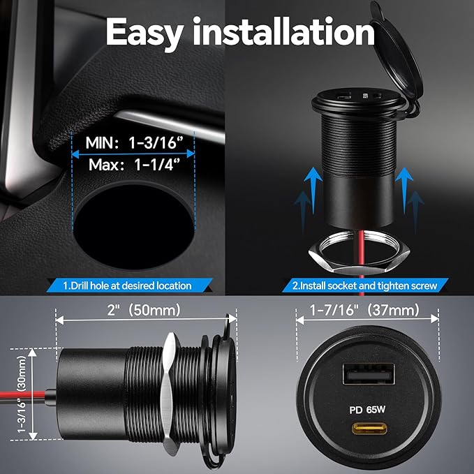 Acegoo 83W 12V USB Outlet PD 65W Type-C QC3.0 18W USB-A Dual Port Fast Charging Socket for Laptop, Waterproof Car Charger Replacement Accessories for RV Camper Trailer Boat Truck Golf (1 Pcs)