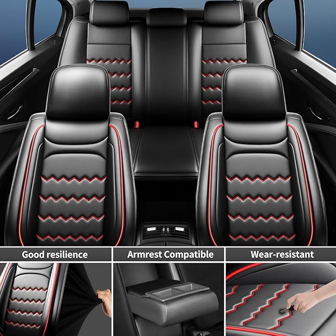 Car Seat Covers Fit for Mazda 3 2007-2025 2026, Premium Leather, Full Coverage Leather Waterproof Breathable Seat Cover, Automotive Seat Protectors, Airbag Compatible(Full Set Seats, Black Red)