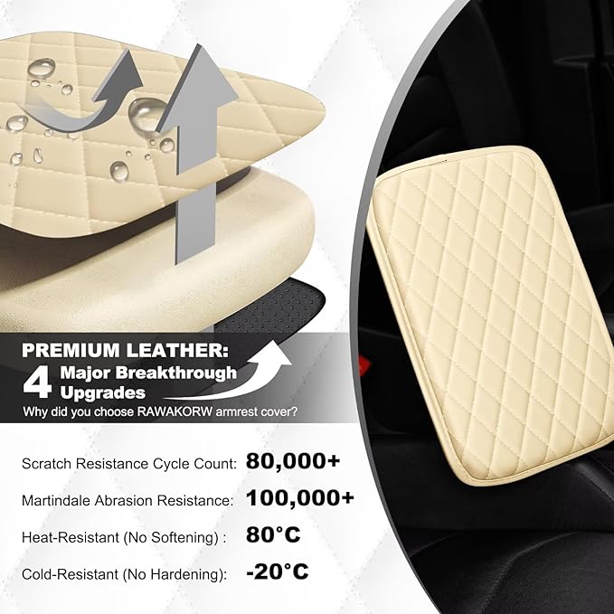 Upgraded Car Center Console Cover Fit for Land Cruiser Faux Leather Car Armrest Cover Cushion with 2 Storage Bags,Car Armrest Storage Box Interior Accessories(Beige&Whiteline)