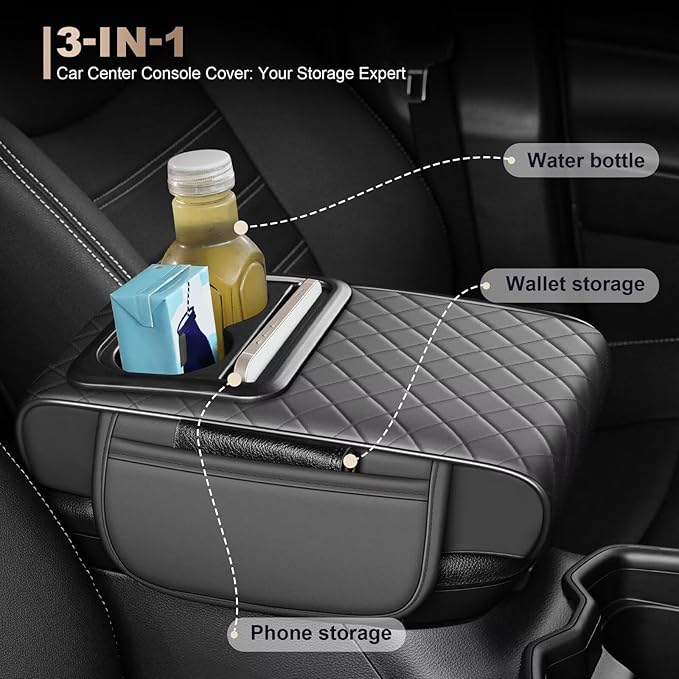 Center Console Cover Fit for 4Runner Faux Leather Car Armrest Cushion with Storage Bags, Cup Holder ＆ Phone Storage Multifunctional Middle Console Cover(Grey)