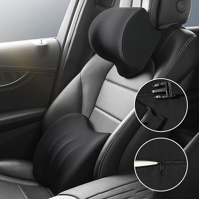 Car Headrest & Lumbar Support Cushion for Dodge Ram 1500 2019-2025, Ergonomic Car Seat Headrest Memory Foam Neck and Back Pillow Kit Breathable Removable for Driving Fatigue Relief,B/Gray