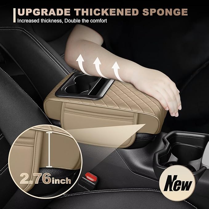 Center Console Cover Fit for Camry Faux Leather Car Armrest Cushion with Storage Bags, Cup Holder ＆ Phone Storage Multifunctional Middle Console Cover(Beige)
