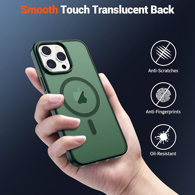 SUPFINE Magnetic for iPhone 15 Pro Max Case (Compatible with MagSafe) (Military Grade Drop Protection) Slim Translucent Matte Shockproof with Anti-Fingerprint Phone Case, Forest Green