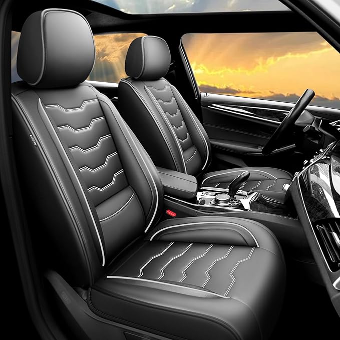 Fit CRV Car Seat Covers Premium Leather for Honda CRV cr-v 2011-2025 2026. Waterproof， Breathable, Scratch-Resistant & All-Weather Seat Cushion Protector (Full Set,White Line Black)