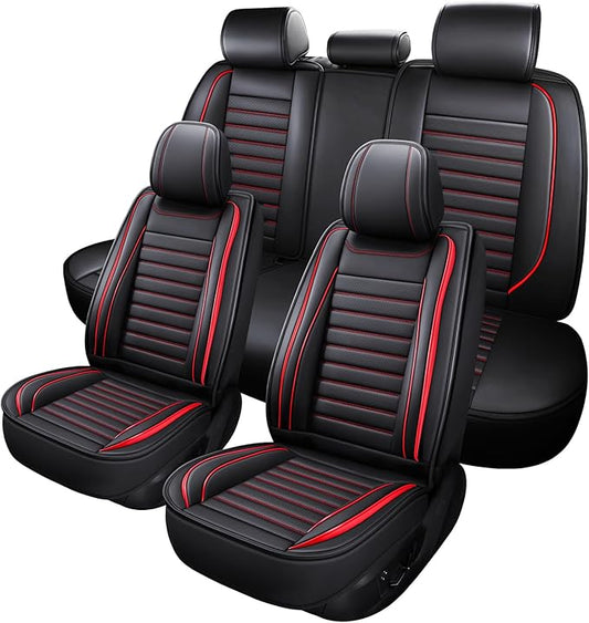 Leather Car Seat Covers Full Set, Universal Faux Leather Car Seat Covers 5 Seats, Automotive Seat Covers for Most Sedans SUVs Trucks, Front and Rear Seat Covers,Wine Red