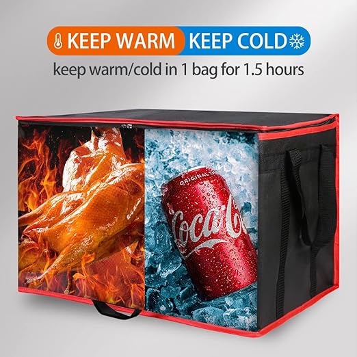 Bodaon 2-Pack Insulated Food Delivery Bag, XXX-Large Meal Grocery Tote Insulation Bag for Hot and Cold Food, Commercial Warming, Large Capacity Reusable Shopping Bags, Cooler Bags (Black + Black-Red)