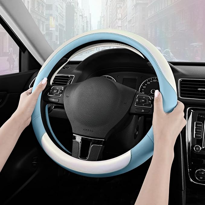 Road Comforts Steering Wheel Cover – Breathable Leather Steering Wheel Cover, Anti-Slip Grip, Universal Fit 14.5” to 15”, Heat & Cold Resistant for Cars, SUVs, and Trucks – Shining White & Blue