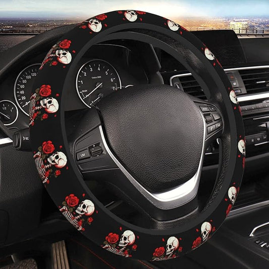 Ouqiuwa Red Rose Skeleton Steering Wheel Cover Women, Comfortable Elastic Steering Car Wheel Cover Fit 15 inches Universal Accessories Suvs Trucks Decor