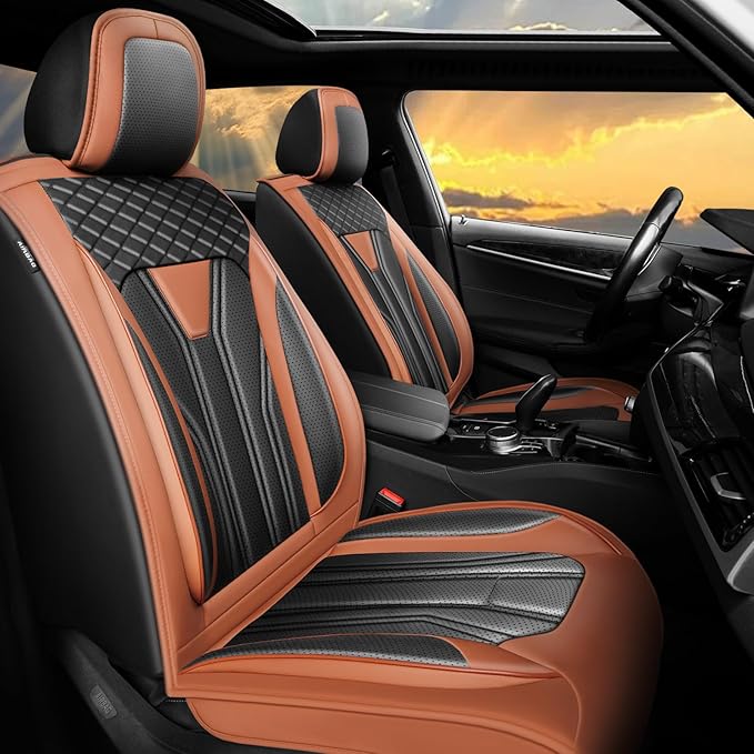 Fit Prius Car Seat Covers for Toyota Prius 2001-2025 2026 -Full Set Premium Leather, Waterproof, Breathable，All-Weather Seat Cushion Protecto & Airbag Compatible, 5-Seats Brown & Black