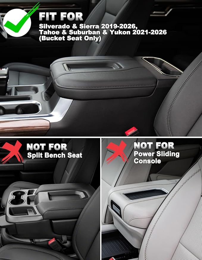 Center Console Armrest Cover for Chevy Silverado 1500 Accessories & GMC Sierra 2019-2026, Yukon & Tahoe & Suburban 2021-2026, Bucket Seat, PU Leather Middle Console Lid Cover Pad, Black-Blue Stitch