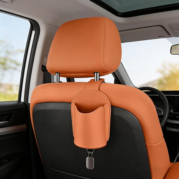 Car Seat Back Organizers Set of 2 with Leather Cup Holder and Headrest Hook, Universal Backseat Phone Mount & Storage Bag (Orange)