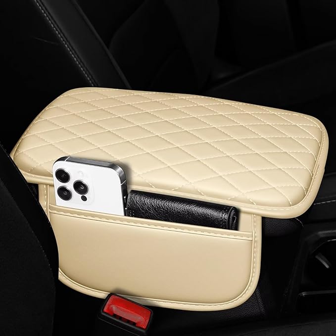 Upgraded Car Center Console Cover Fit for Venza Faux Leather Car Armrest Cover Cushion with 2 Storage Bags,Car Armrest Storage Box Interior Accessories(Beige&Whiteline)