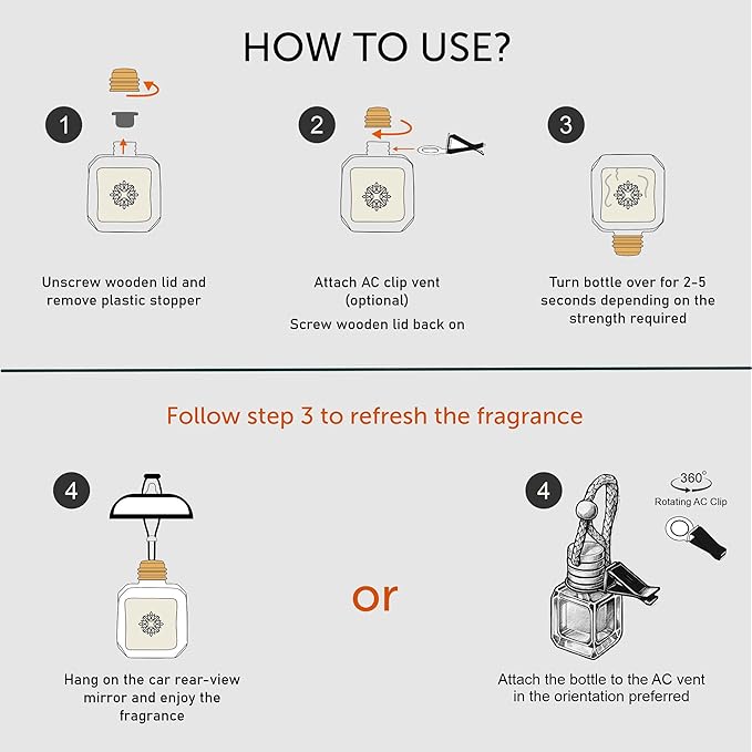 Llum Lily Sandal Hanging Car Air Freshener – Luxury Automotive Perfume Diffuser 10ml (0.34 fl oz), Long-Lasting Fragrance, Alcohol-Free Non-Toxic Car Scent, Glass Bottle With Wood Cap & AC Vent Clip