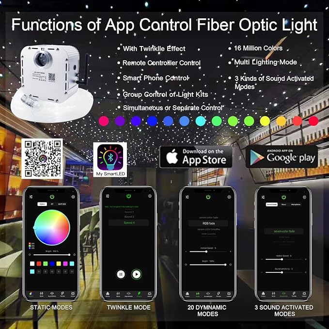 AKEPO 32W APP Twinkle Fiber Optic Lights Kit Music Activated RGBW Star Ceiling Sky Light, 1000pcs 16.4ft/5m 0.03in/0.75mm Optical Fiber Cable + 28key Remote + Crystals for Car & Media Room Decor