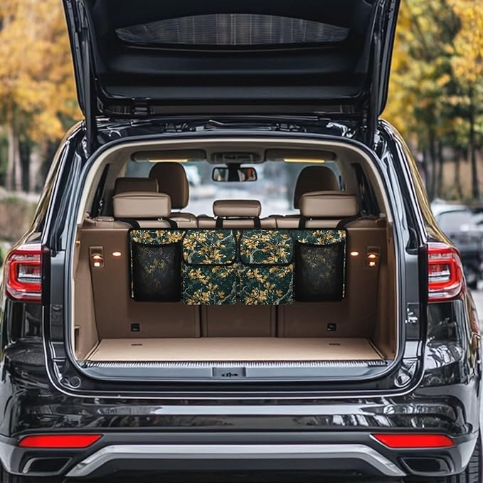 Green Branch Leaves Trunk Organizer For Car, Suv, Truck Adjustable Multi Pocket Collapsible Car Trunk Organizer Backseat Cargo Storage Bag With Securing Straps