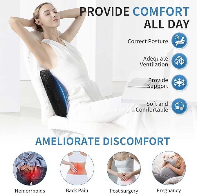 Lumbar Support Pillow for Car, Memory Foam Back Support Lumbar Pillow for Car, Gaming, Office Chair, Ergonomic for Lower Back Pain Relief, Softness Breathable Removable Mesh Cover, Black