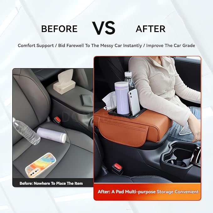 Multifunctional PU Leather Car Armrest Box Mat, 5-in-1 Multifunctional Car Armrest Cushion, Center Console Cover with 2 Cup Holder, For Storing Tissues, Phones, Wallets, Drinks, for Most Cars (Brown)