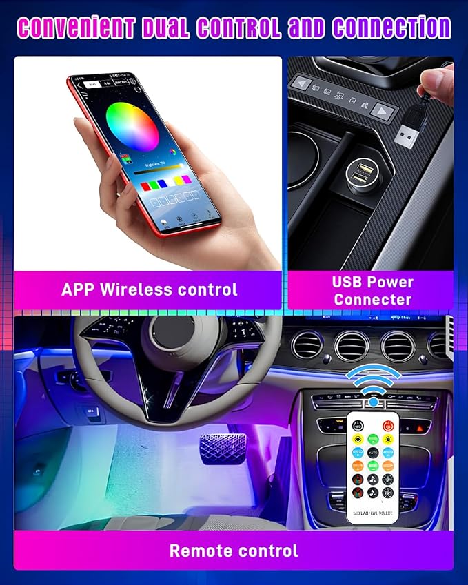 STONEBANKS 5.9FT Car LED Strip Lights, 72LEDs Smart RGB Car Interior Lights with APP & Remote Dual Control, Multicolor Music Sync and Mic Mode 4-in-1 Lines Design LED Lights for Car Decor