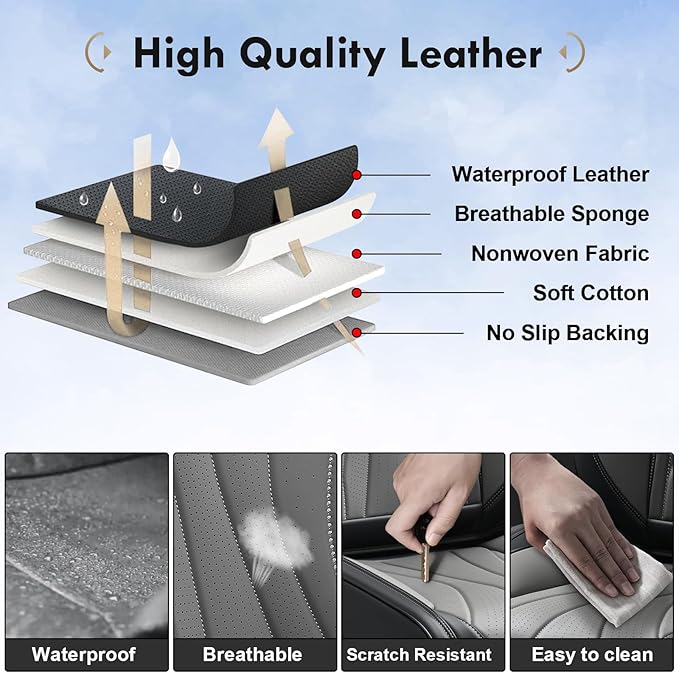 Coverado Car Seat Covers, 5 Seat Front and Back Seat Covers, Waterproof Seat Cover Full Set, Leather Seat Cover for Cars, Car Seat Protector, Car Seat Cushion Universal Fit for Most Cars (Black&Gray)