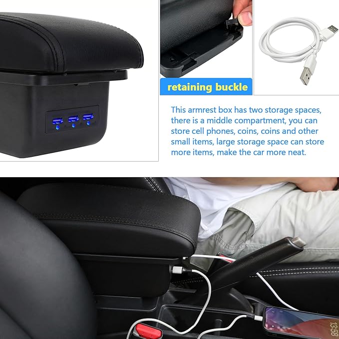 AULPHIKE Compatible with Nissan Versa Armrest 2020-2024 Car Center Console Organizer Armrests Double Layer Storage with 3 USB（Black）
