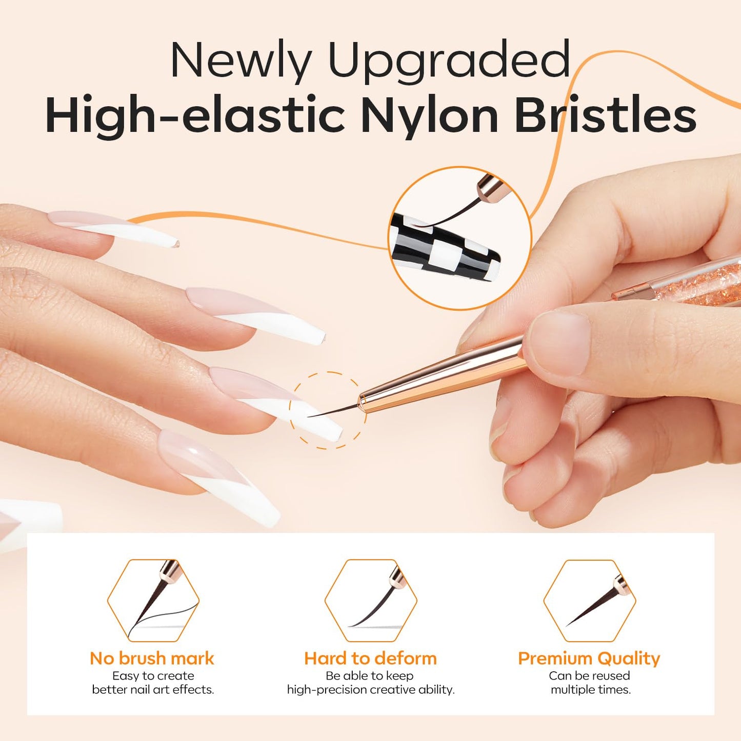modelones Nail Art Brushes, Super Fine Liner Nail Brush Kit Dual-ended 7/11/15/20mm for Gel Polish Thin Lines, Precise Details, Fine Drawing Painting Design Acrylic Rhinestone Handle Salon & DIY Use