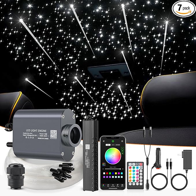 Meteor 16W Starlight Headliner Kit, Star Light Headliner with Bluetooth APP/Remote/Music Mode, Fiber Cable 450pcs of(0.03+0.04+0.06in)*9.8ft+Shooting Star kit for Car Roof&Home Decoration