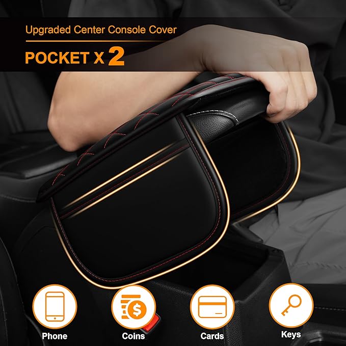 Center Console Cover for Cars Fit for Jeep Gladiator Leather Armrest Covers with 2 Storage Bags(Black&Red)
