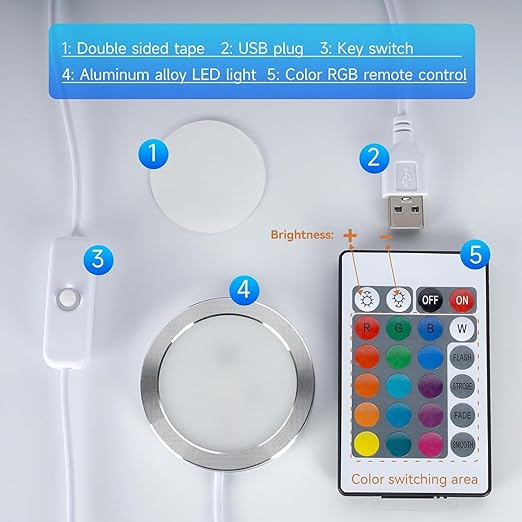 2PCS Remote Control RGB LED Lamp Kit 001 with Power Off Color Storage for Bambu Lab H2D/X1/P1P/A1 Includes Button Battery Makerworld 3D Printed DIY Hardware Model Spare Parts 5V USB Powered