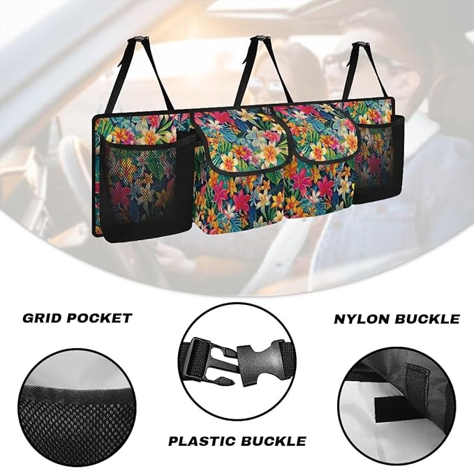 Colorful Tropical Flower Car Trunk Organizer, Large Capacity Auto Backseat Hanging Storage Bag with Adjustable Strap & 4 Pockets, Car Back Seat Cargo Bag, Car Interior Accessories