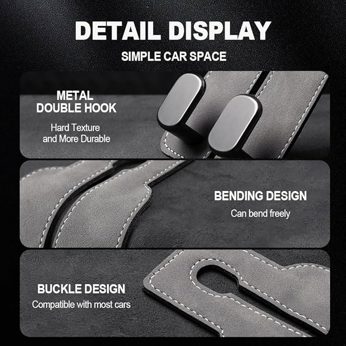 2026 New 2 in 1 Car Seat Back Storage Hook, Car Backseat Organizer Accessories, Premium Leather Headrest Hook for Auto Hooks Organizer for Handbag Purse Coat Bags (1, Grey)