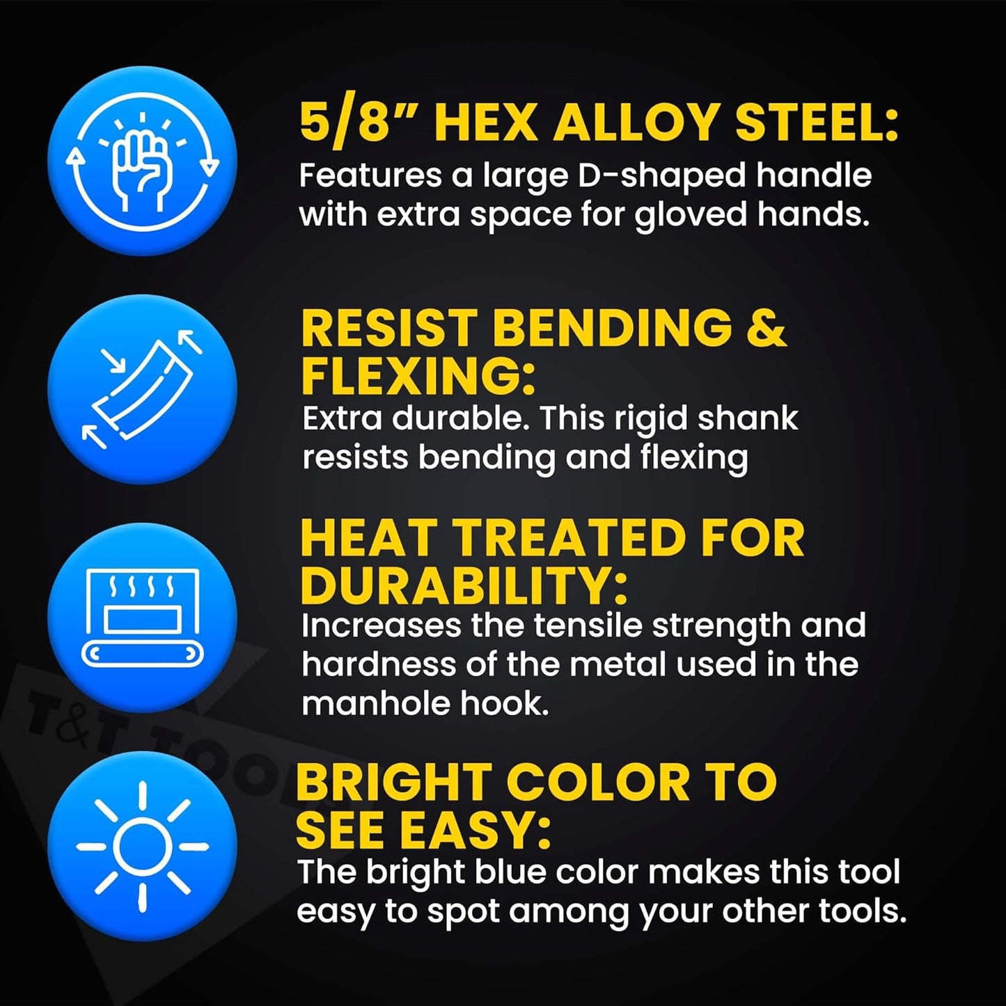 T&T Tools 24-Inch Manhole Hook - Heavy Duty Single Hook for Lifting Manhole Covers, Storm Drains, Septic Tank Risers - Rigid Hex Alloy Steel Tool for Lifting, Pulling, and Removing Covers - 1 Pack