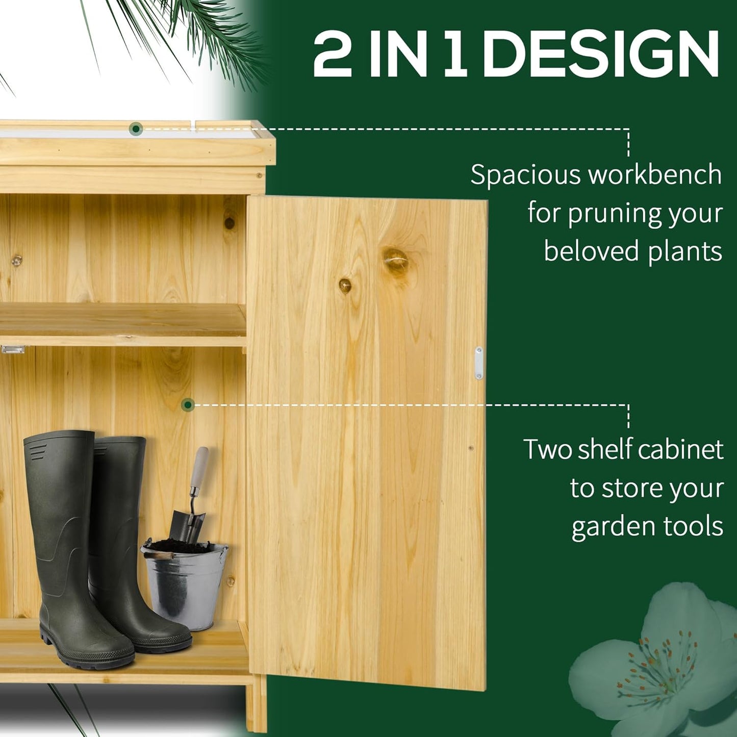 Garden Storage Cabinet, Outdoor Tool Shed with Galvanized Top and Two Shelves for Yard Tools or Pool Accessories, Natural
